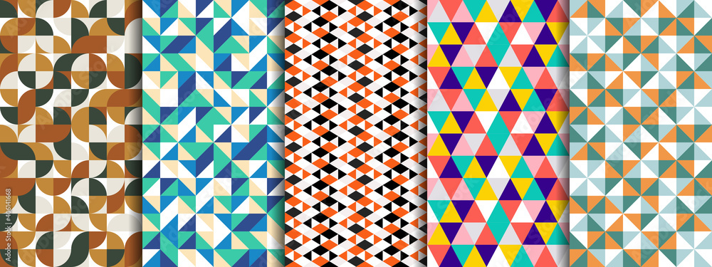 Set of geometric seamless pattern with circle, square, rounded, triangle and hexagon. Five style colorful vector background.