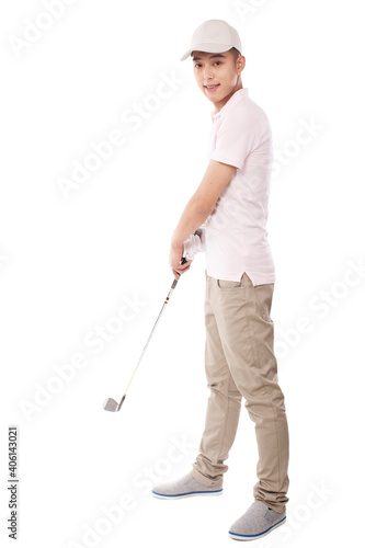 Portrait of young Male golfer swing golf club,portrait