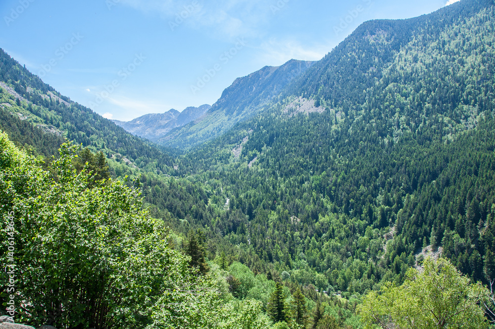 Vistas de las montañas del Pirineos. Valles y bosques mágicos