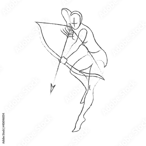 A sketch of the silhouette of a girl archer in a dynamic pose with a bow and arrow. Slender archer in coal style. Drawing of the movement of a fantastic archer when shooting.