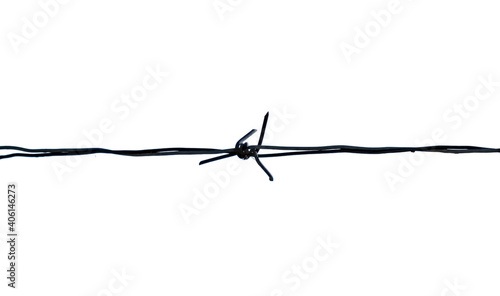Horizontal sharp barb wire isolated on white background. Closeup.