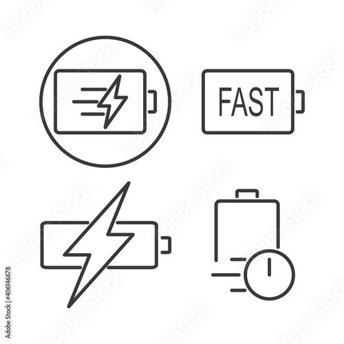 Fast charing rechargeable battery icon set. Outline thin line icon. Isolated. 