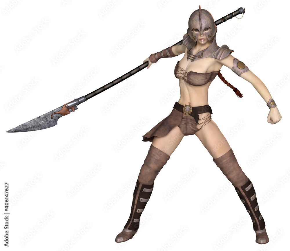 Female Barbarian Hunter Attacking with Spear, 3d digitally rendered fantasy illustration Female Barbarian Hunter Attacking with Spear, 3d digitally rendered fantasy illustration