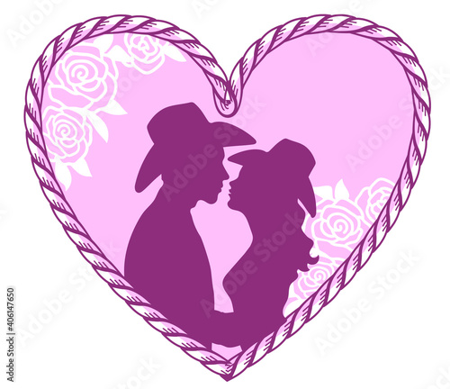 Cowboy Happy Valentine day. Country Farm with Cowboy hat and text rope heart decoration. Printable pink vector illustration background isolated on white for card or print