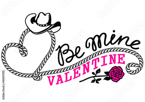 Cowboy Happy Valentine day. Country Farm with Cowboy hat and text rope heart decoration. Printable pink vector illustration background isolated on white for card or print