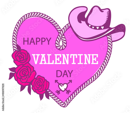 Cowboy Happy Valentine day. Country Farm with Cowboy hat and text rope heart decoration. Printable pink vector illustration background isolated on white for card or print