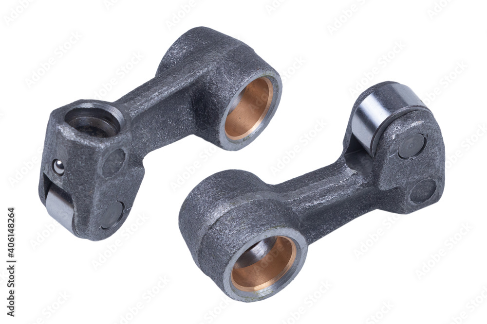 New modern Car adjustable valve Truck engine Train pusher rocker arm, isolated on white background New modern Car adjustable valve Truck engine Train pusher rocker arm, isolated on white background