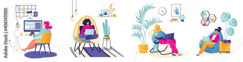 Vector illustrations on freelance, remote work, work during global pandemic, self-employment, comfortable working conditions at home theme. Flat cartoon characters working at computers and laptops.