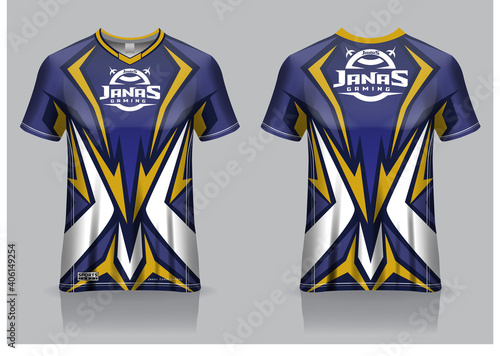 Esport gaming t shirt jersey template, uniform, front and back view