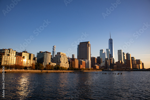 Beautiful Tribeca and Lower Manhattan New York City Skyline along the Hudson River during a Sunset