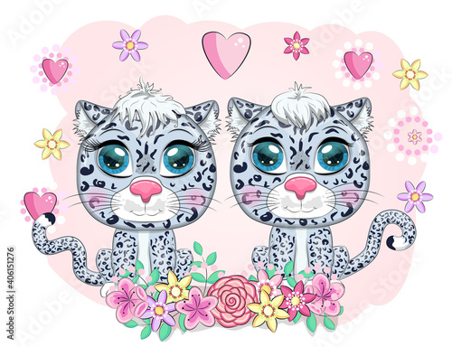 Cartoon snow leopard with expressive eyes. Wild animals  character  childish cute style.