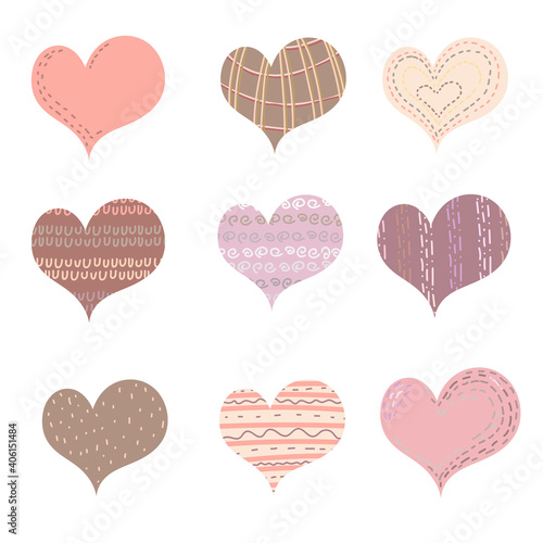 Set of heart  love valentine symbol.  The heart of the painted icons are set on a white background. A collection of handwritten boho hearts.  Creative Arts  a modern concept. Vector illustration