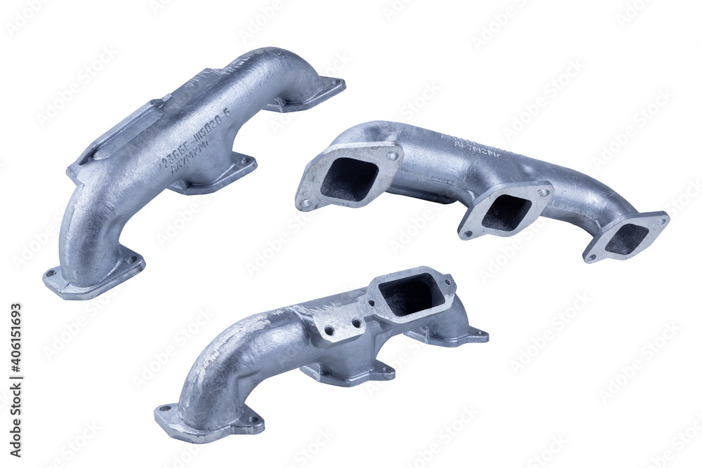 parts for connecting the intake manifolds of the Russian truck engine are isolated on a white background. front and rear view parts for connecting the intake manifolds of the Russian truck engine are isolated on a white background. front and rear view