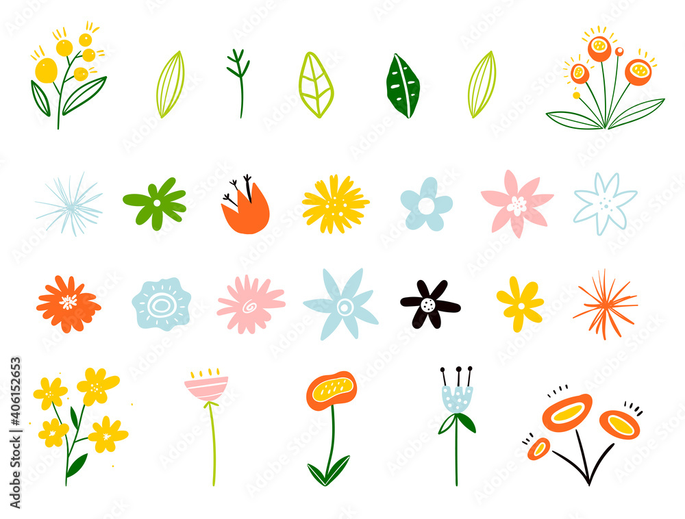 Spring and summer flowers in flat style isolated on white background ...
