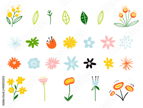 Spring and summer flowers in flat style isolated on white background. Plants and branches. Set of floral elements. Early spring forest and garden flowers isolated on white vector set.