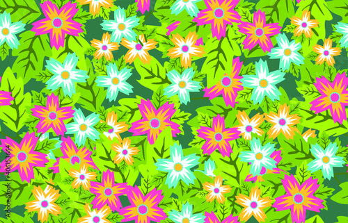 Vector seamless pattern with small blue, pink and yellow   flowers. Light floral background