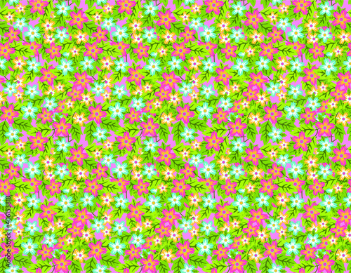 Vector seamless pattern with small blue, pink and yellow   flowers. Light floral background