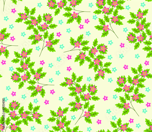 Vector seamless pattern with small blue, pink and yellow   flowers. Light floral background