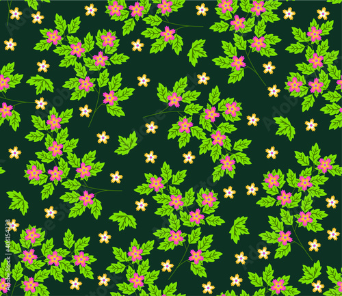 Vector seamless pattern with small blue, pink and yellow flowers. Light floral background