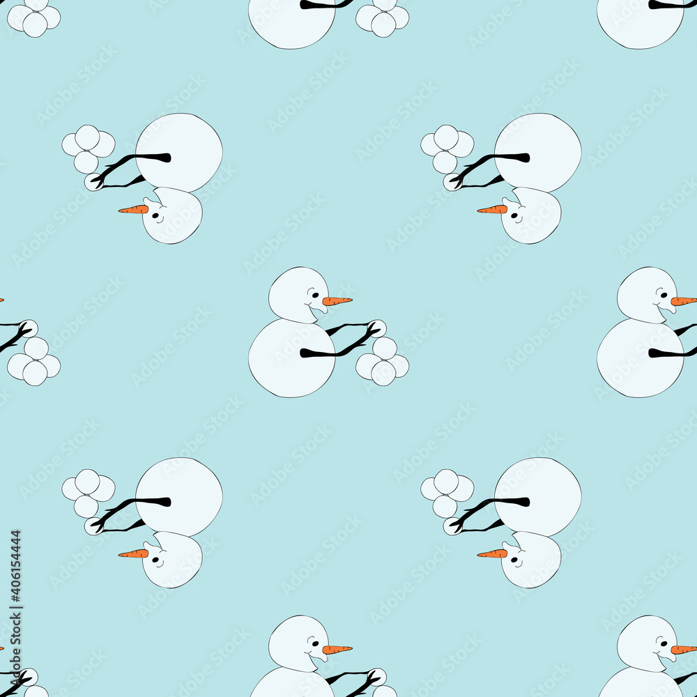 Snowman making snowball pile seamless vector repeat pattern design on orange background