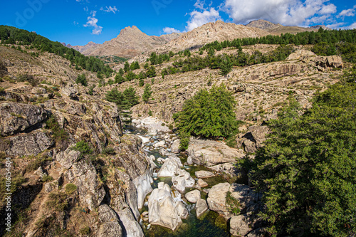 Monte Albanu, Capigliolu a e Furchelle, Capu di Villa and River Golo viewed from the bridge Ponte Altu in the Albertacce village. The rocky granite gorge Scala di Santa Regina Niolo valley, Corsica, F