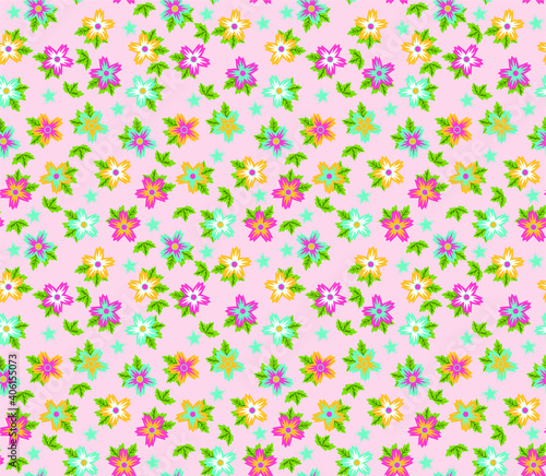 Vector seamless pattern with small blue, pink and yellow flowers. Floral background