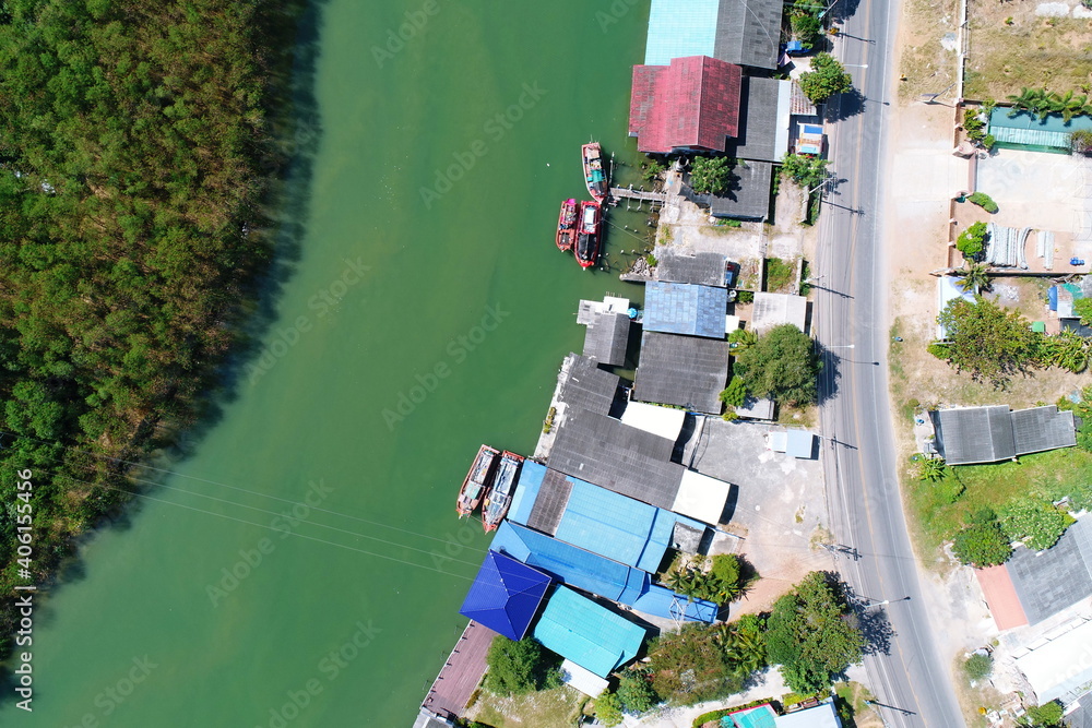 The Road villahouse city forest sea bay aerial top view  UAV