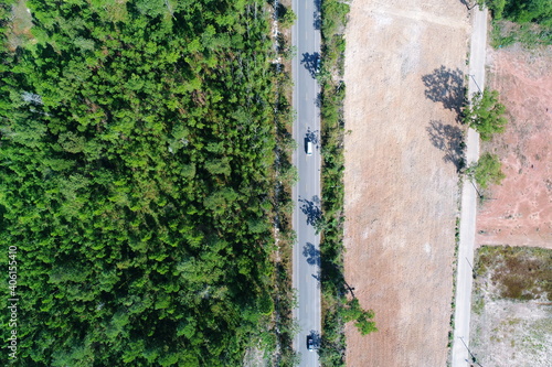 The Road city forest sea bay aerial top view UAV