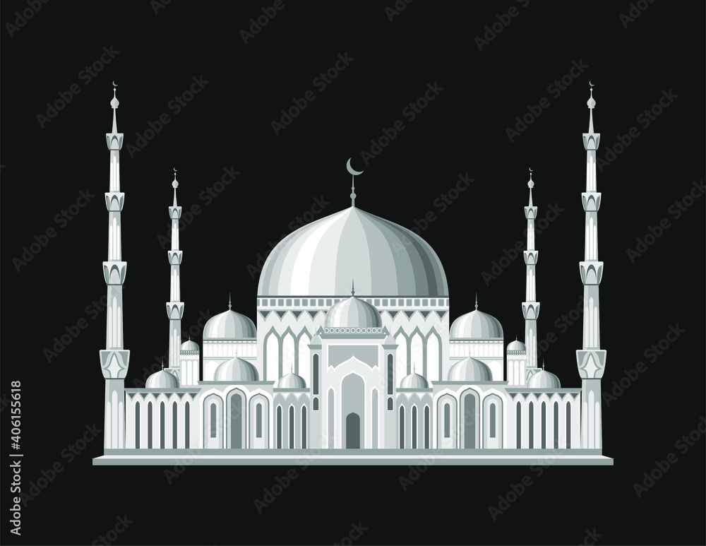 Beautiful and fabulous Muslim temple mosque. Vector graphics of oriental architecture. Arab national traditions. Building for believers and religious people