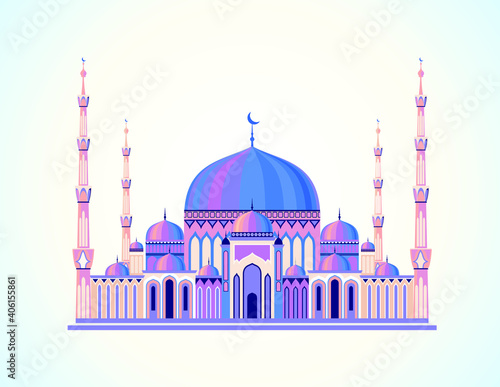 Beautiful and fabulous Muslim temple mosque. Vector graphics of oriental architecture. Arab national traditions. Building for believers and religious people
