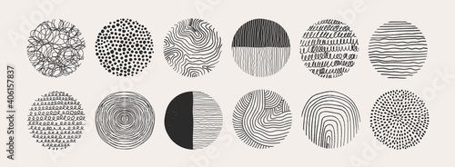 Big Set of round Abstract black Backgrounds or Patterns. Hand drawn doodle shapes. Spots, drops, curves, Lines. Contemporary modern trendy Vector illustration. Posters, Social media Icons templates