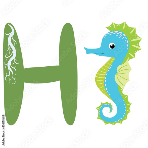 Seahorse, Scandinavian style hippocampus, handdrawn, beautiful detailed. H letter. Cute animal alphabet.