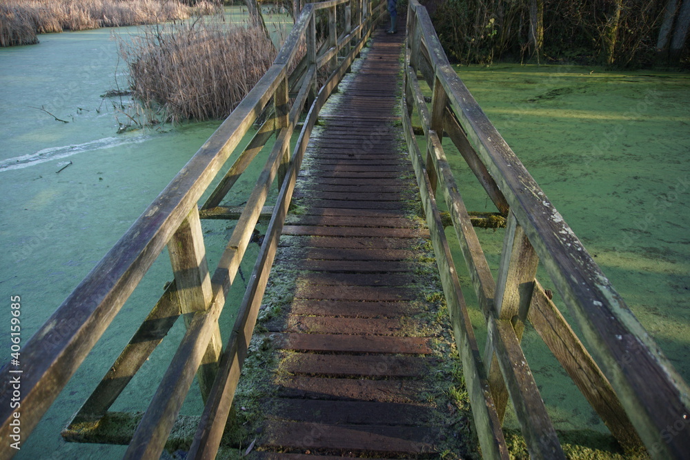 Wooden bridge over the lakes and ponds in Melford Country Park, Suffolk, UK, January 2021 Wooden bridge over the lakes and ponds in Melford Country Park, Suffolk, UK, January 2021