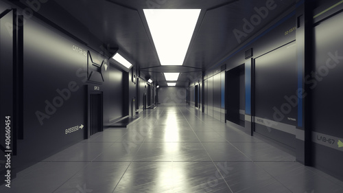 3d render. Futuristic hallway. Concept of modern architecture and interior spaceship