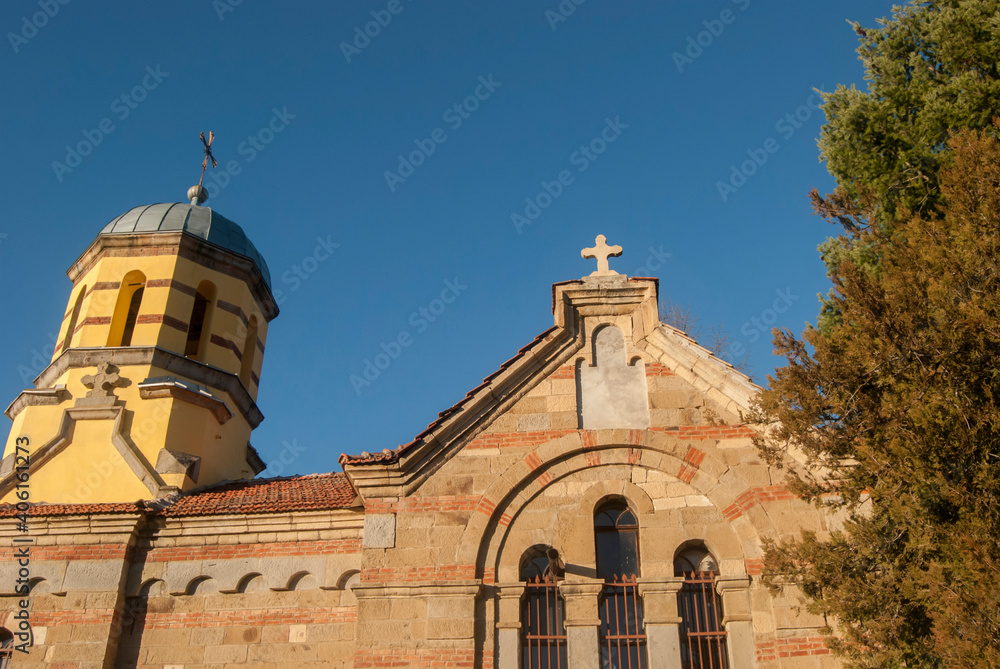Village orthodox church top closeup on blue sky background