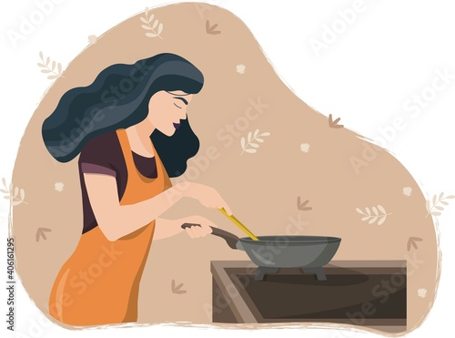 Young cartoon woman preparing food in the kitchen. Vector illustration in a flat style.