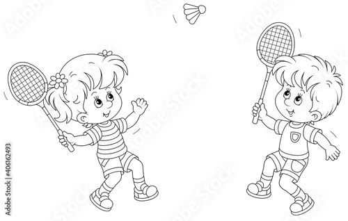 Happy little kids playing badminton with rackets and a flying shuttlecock in a fun game on a summer playground, black and white outline vector cartoon illustration for a coloring book page