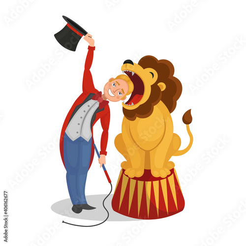 Circus show. The tamer put his head in a lion's mouth. Cartoon vector illustration.