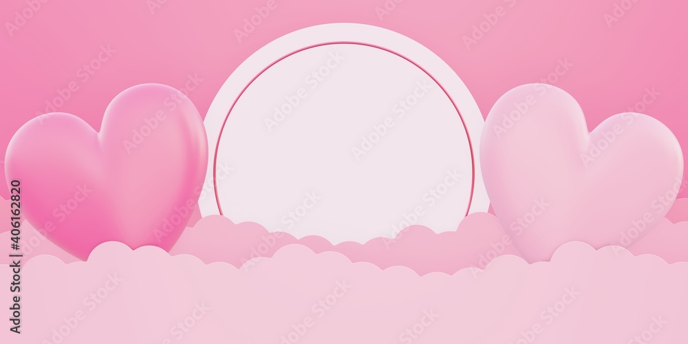 Happy valentine's day, love concept background, pink and white 3d heart shape on cloud in the sky, greeting card, circle banner with copy space