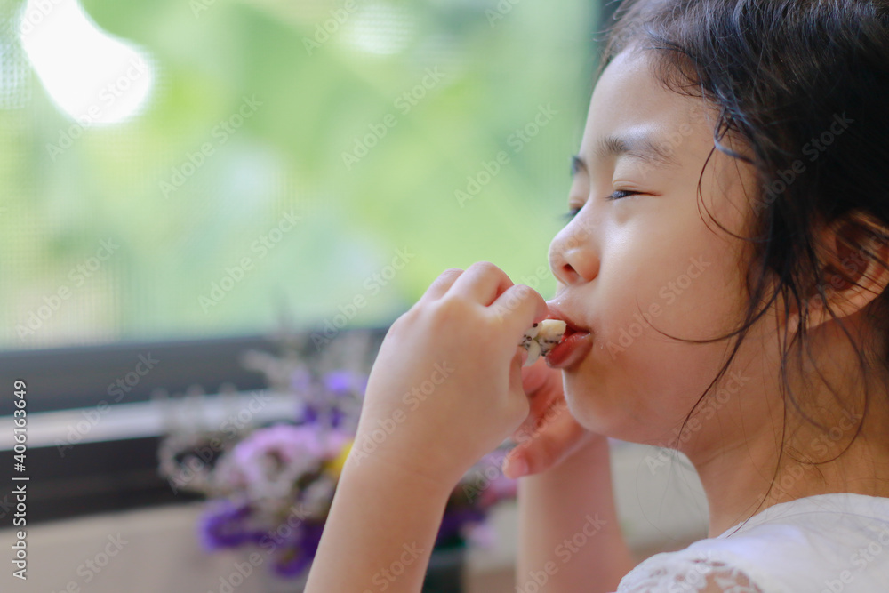 A Lovely Little Asian Girl Happy to Eating Homemade Cookies made at House. A Lovely Little Asian Girl Happy to Eating Homemade Cookies made at House.