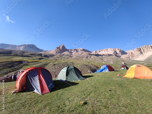 Camping among mountains in sunny, blue open sky. Shot in Quba, Azerbaijan