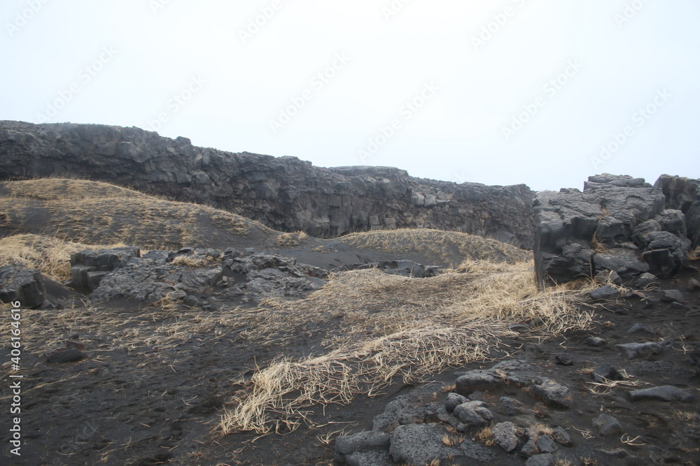 Iceland, Volcanic landscape, grey sky, winter, rocks, black sand, moss