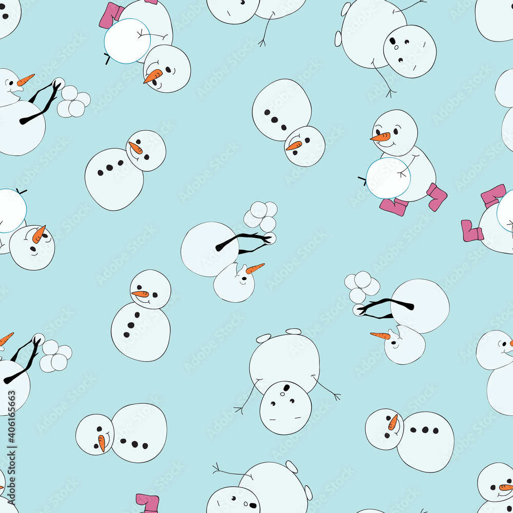 playful snowmen seamless vector repeat pattern design on orange background
