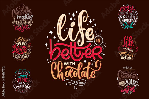 Chocolate hand lettering quotes set. Warm winter word composition. Vector design elements for t-shirts, bags, posters, cards, stickers and menu