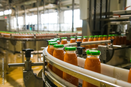 Production line of juice on beverage plant or factory
