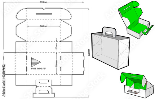 Folding Box With Handle (Internal measurement 30x20x10cm) and Die-cut Pattern. Ease of assembly, no need for glue. The .eps file is full scale and fully functional. Prepared for real cardboard product