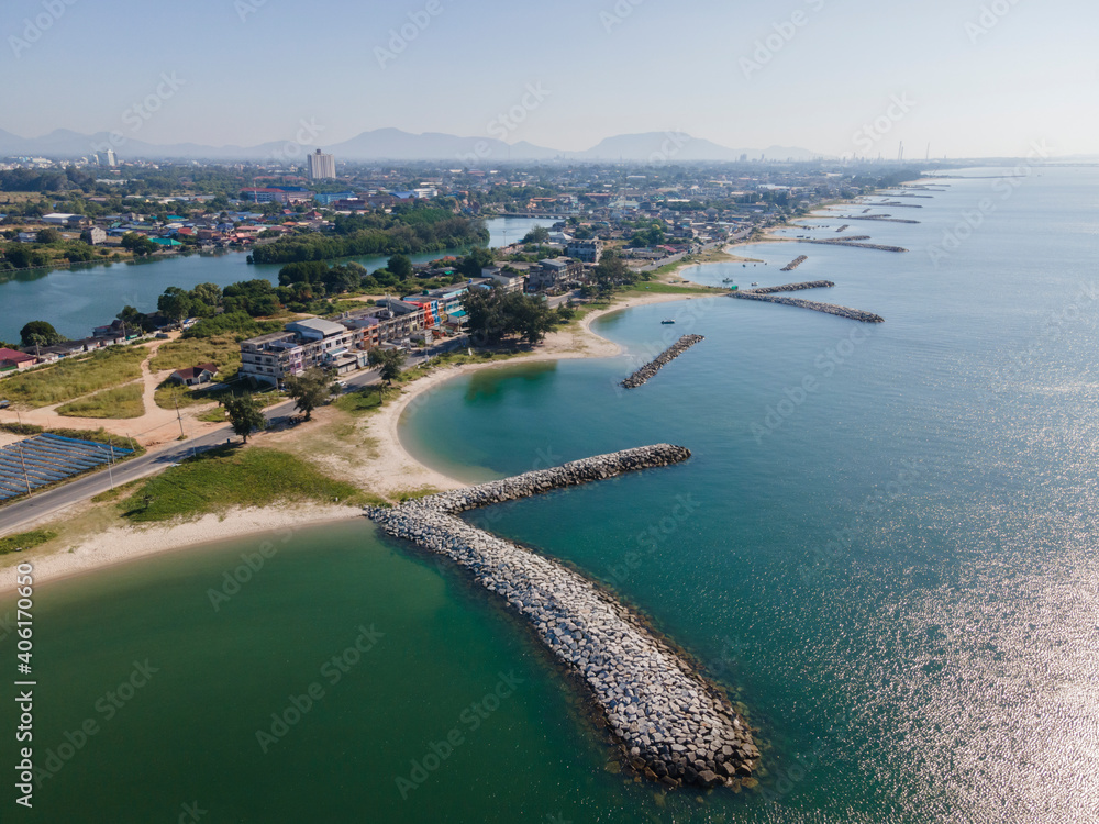 Aerial view 
Saeng Chan Beach of Rayong estuary consist of community located near mangroves and ocean