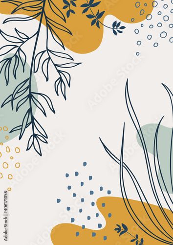 Abstract organic vector shapes, leaves, branch, plants. Modern graphics for business, holiday. Natural elements in doodle style for template, cover, poster, greeting card, frame, background. 