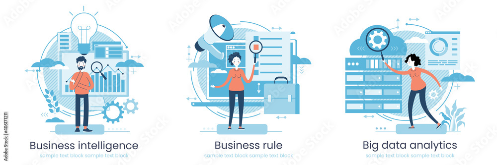 Enterprise strategy development concept. Big data analytics. Business Intelligence. Business rule. Data management abstract metaphor. Vector illustration set. Application software. Enterprise strategy development concept. Big data analytics. Business Intelligence. Business rule. Data management abstract metaphor. Vector illustration set. Application software.