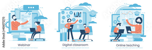 Online learning concept. Internet classes. Online learning metaphors. Educational webinar. Online teacher. Webinar. Digital class.